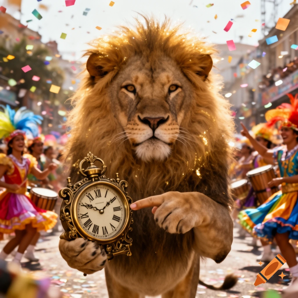 Photorealistic lion in a vibrant carnival parade holds an ornate gold clock, pointing at its face, with confetti falling and people dancing in the background.