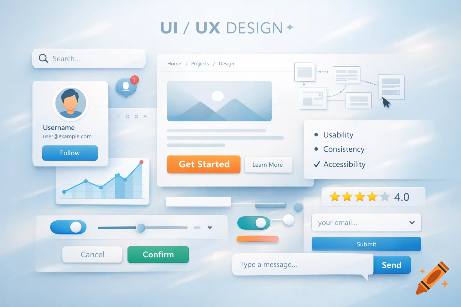 A clean, modern UI/UX design featuring various interface elements like a profile card, search bar, navigation, buttons, charts, and toggles.
