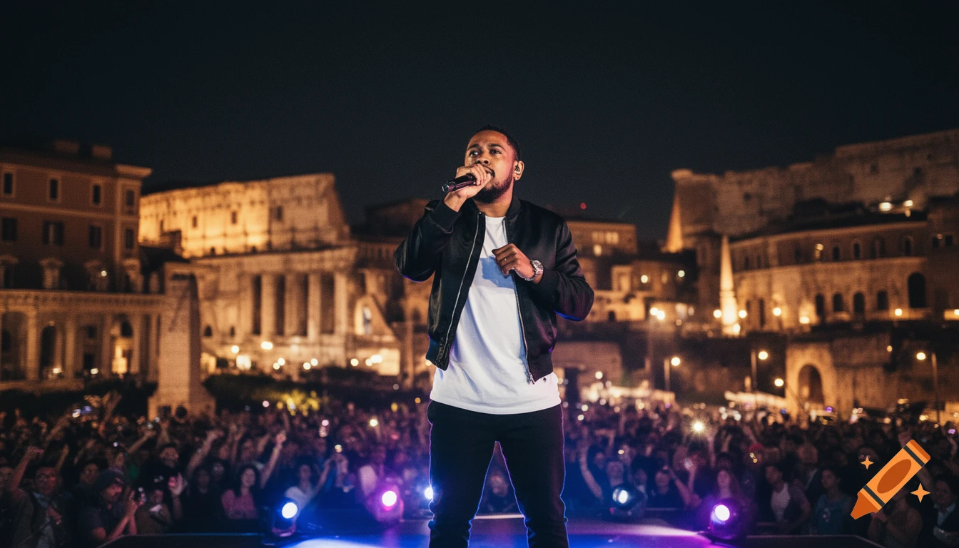 Kendrick Lamar performs on a stage at night, holding a microphone, with a large crowd and illuminated ancient Roman architecture in the background.