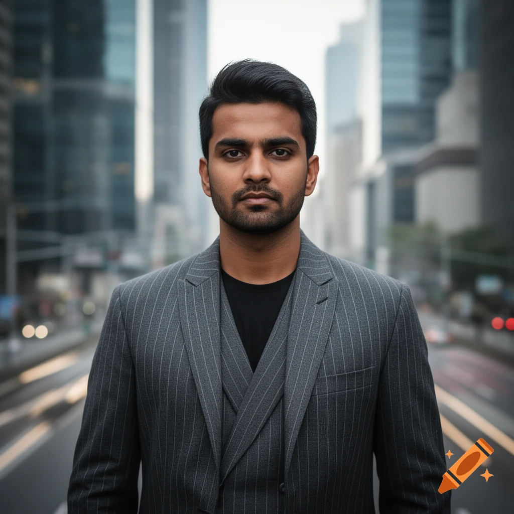 A man in a pinstripe suit and black shirt stands in a blurred city ...