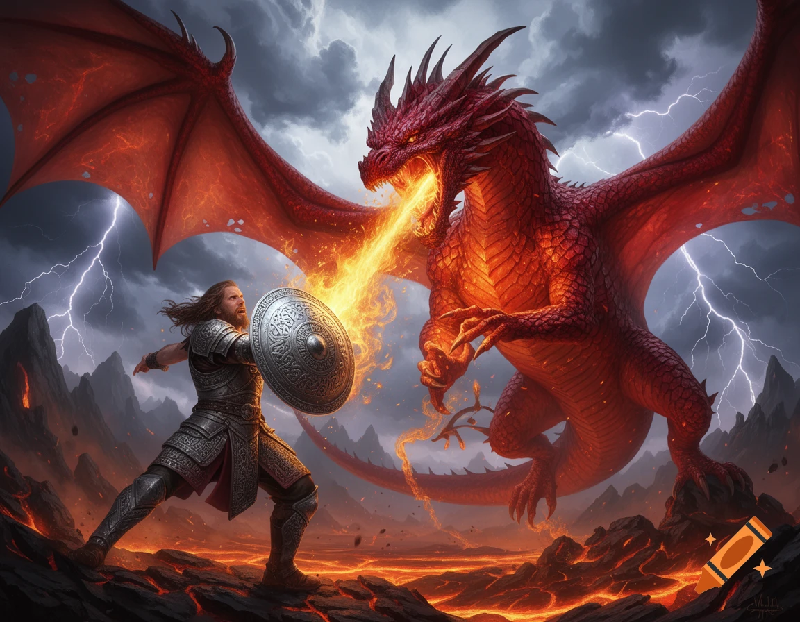 A knight with a shield fights a fire-breathing red dragon in a stormy, lava-filled landscape with lightning.