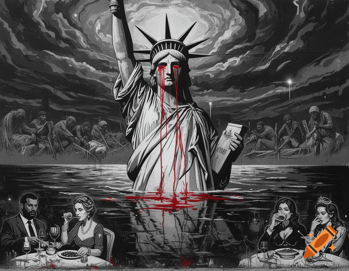 Monochrome street art mural of the Statue of Liberty crying blood into the ocean, reflecting elite diners, with migrant workers in the background sky.