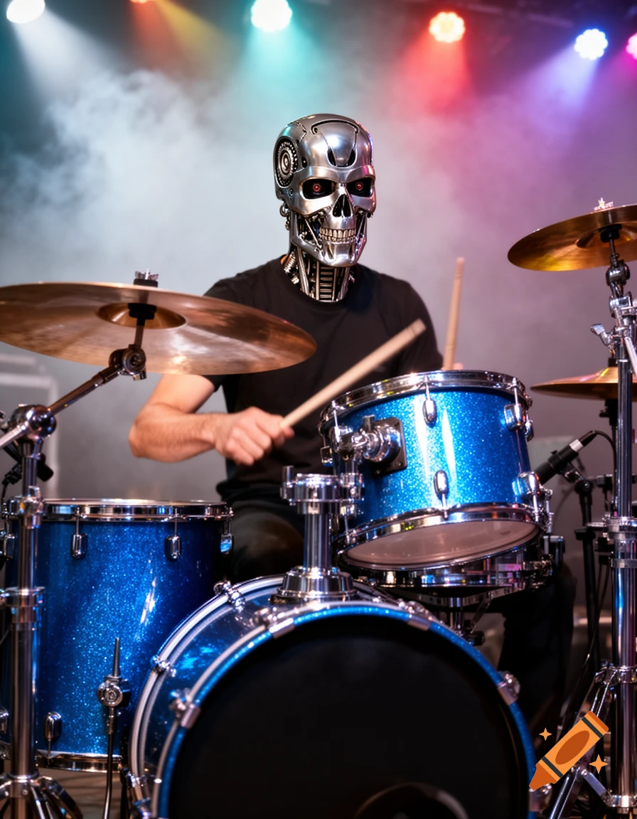 A drummer with a metallic robot skull head plays a shimmering blue drum set on a smoky stage with colorful lights.