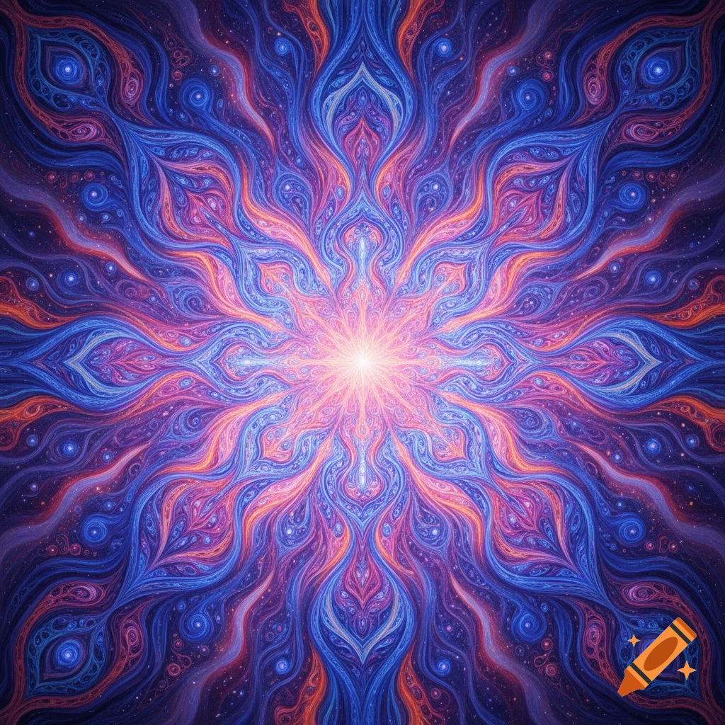 A vibrant, symmetrical psychedelic mandala art with intricate swirling patterns in blues, purples, pinks, and oranges, emanating from a bright central light.