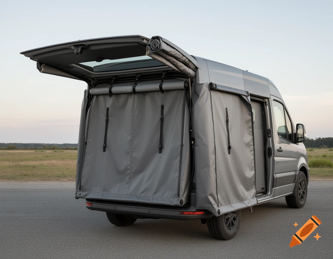 Photorealistic image of a gray cargo van parked on asphalt with its rear liftgate open and a deployed gray tarp enclosure.