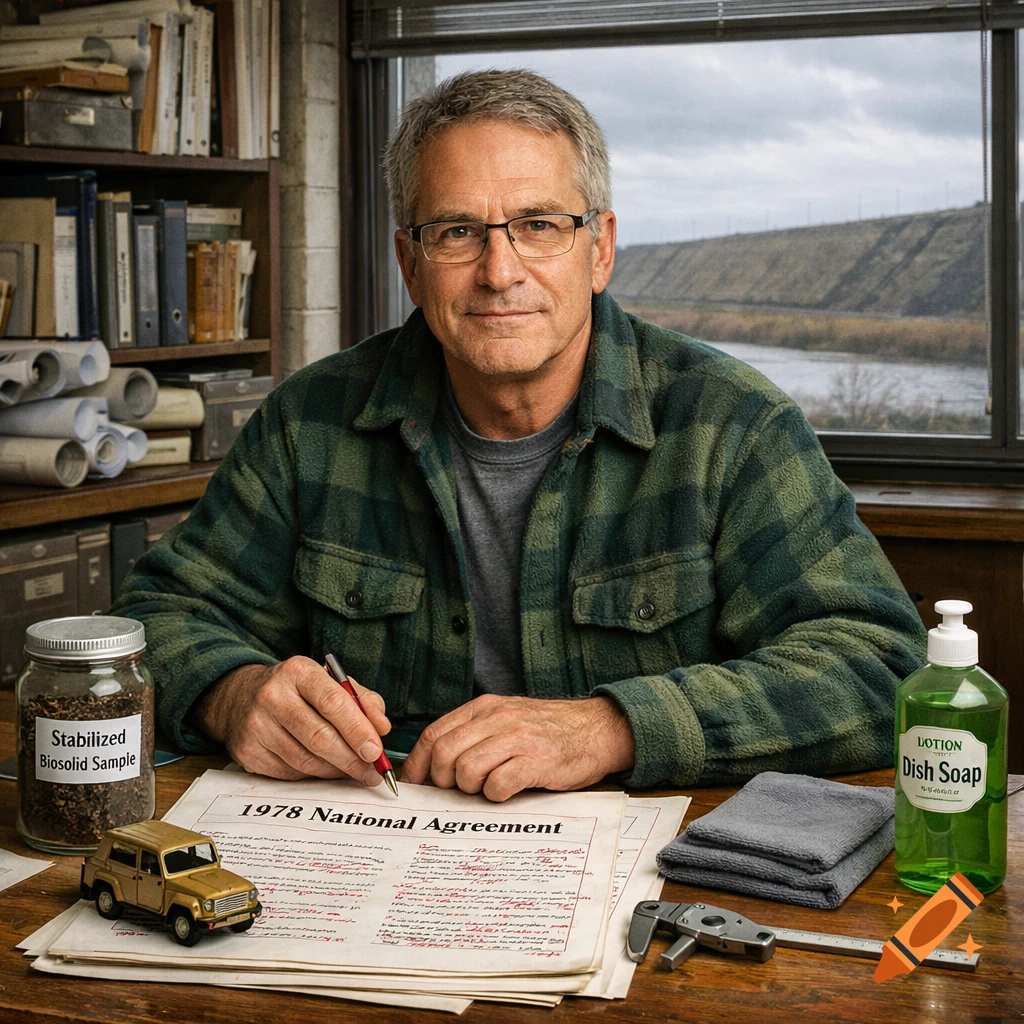 A man in a green flannel shirt and glasses sits at a desk with documents, a jar, and a dish soap bottle, in a photorealistic style.