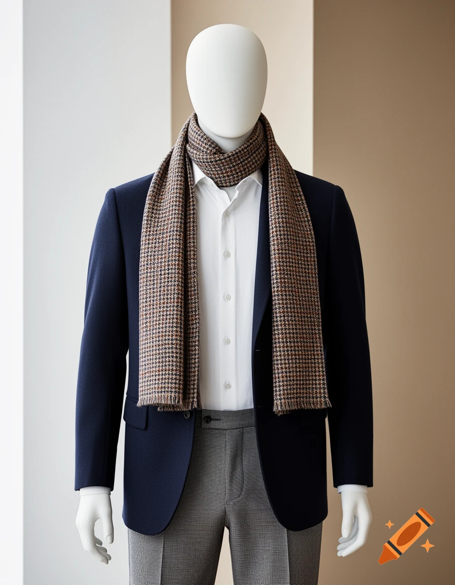 A headless male mannequin models a blue blazer, white shirt, grey checkered pants, and a brown houndstooth scarf.