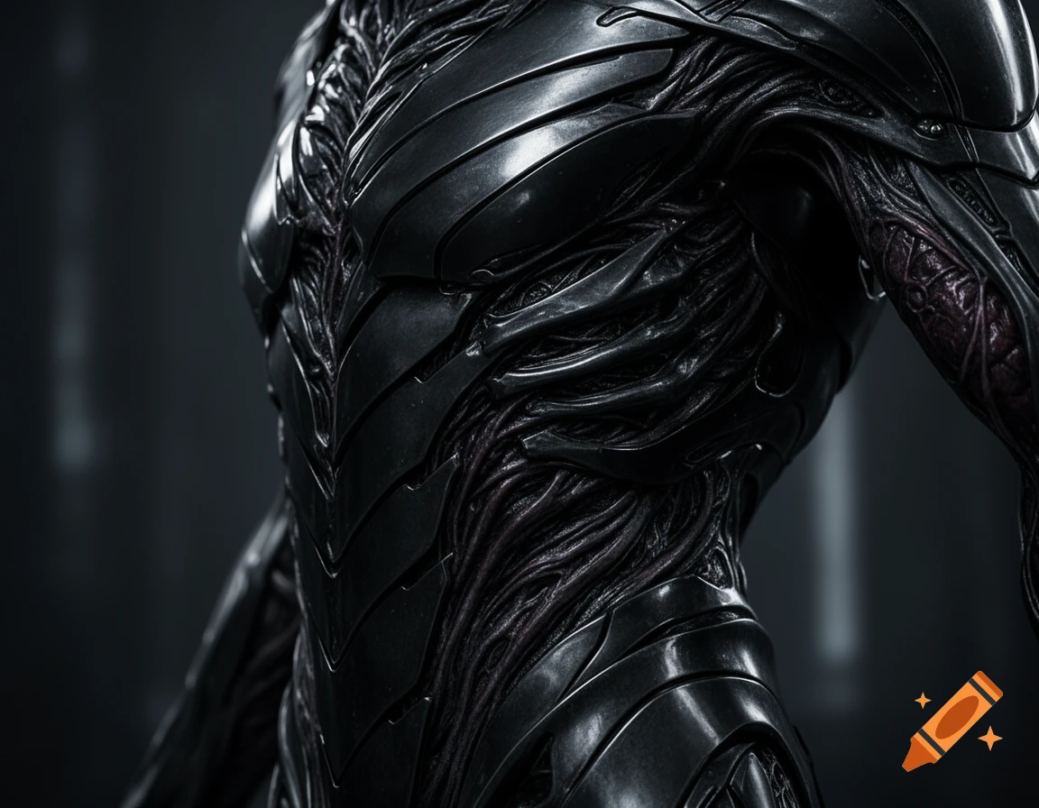 Close-up of black overlapping biometal armor with sinewy biomass between joints, creating an alien, eldritch design.