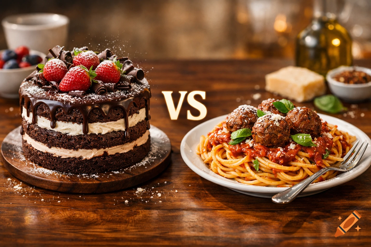 Photorealistic chocolate cake with strawberries and spaghetti with meatballs on a wooden table, separated by 'VS'.