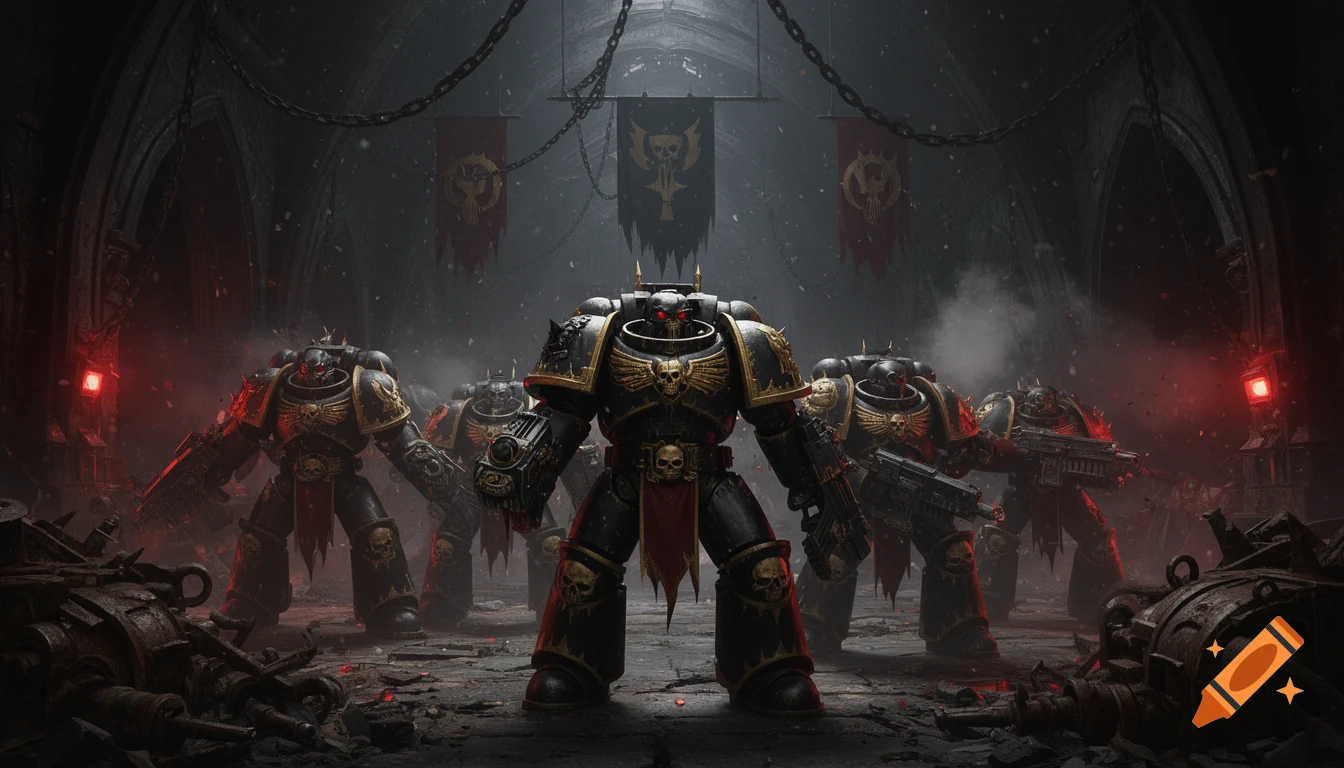 A group of heavily armored Black Legion Terminators with glowing red eyes stands in a grim, dark, ruined chamber with banners.