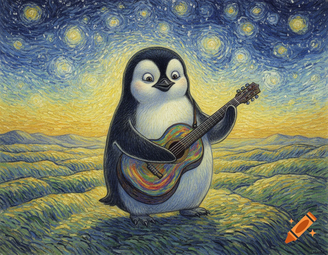 A cute penguin plays a colorful guitar against a backdrop of a Van Gogh-inspired starry sky and rolling landscape.