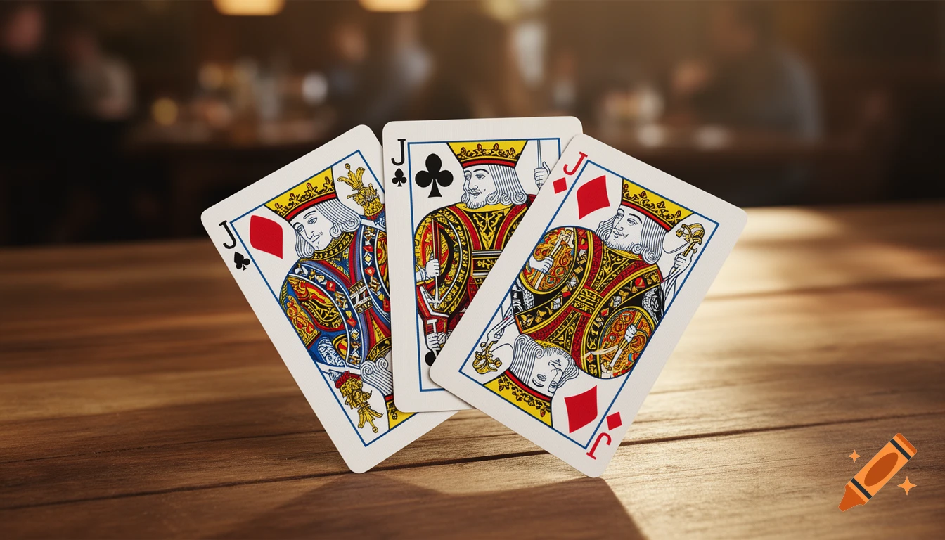 Three fanned Jack playing cards (diamonds, clubs, and a partial third card) on a wooden table with a blurred background.