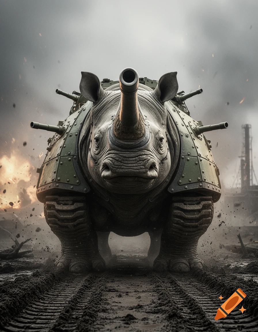 Photorealistic rhino-tank hybrid with cannons, standing on a muddy battlefield under a stormy, smoky sky, front view.