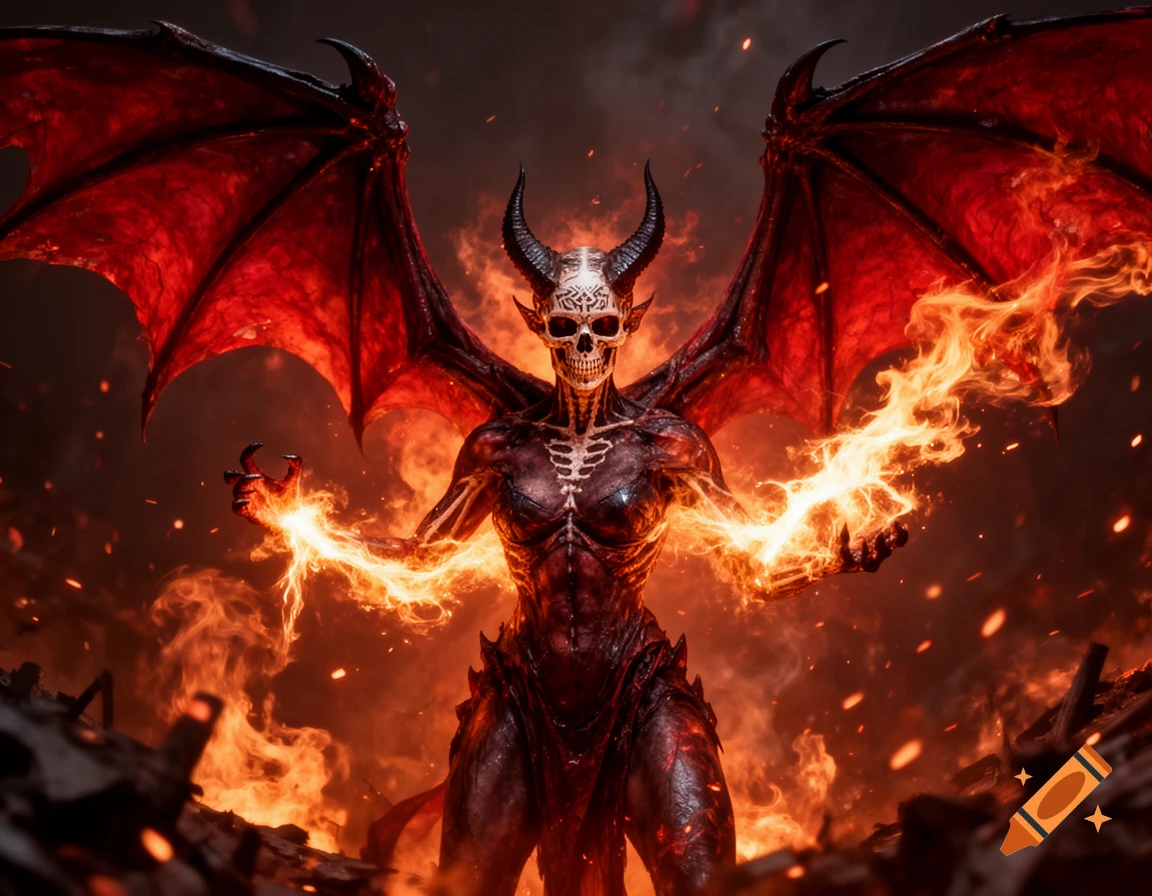 A powerful red-winged female demon with a skeletal face and horns, standing in a fiery landscape and wielding bolts of fire.