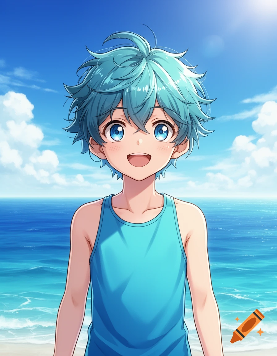 An anime boy with bright blue hair and eyes smiles broadly, wearing a blue tank top at a sunny beach.