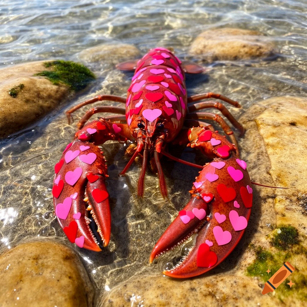 A red lobster covered in pink and red hearts stands in clear shallow water over rocks, under bright sunlight.