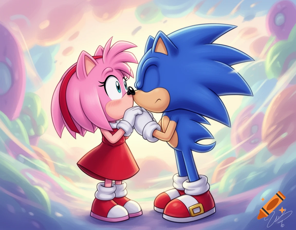 Sonic the Hedgehog and Amy Rose lean in for a kiss in a vibrant cartoon illustration with a soft, colorful background.