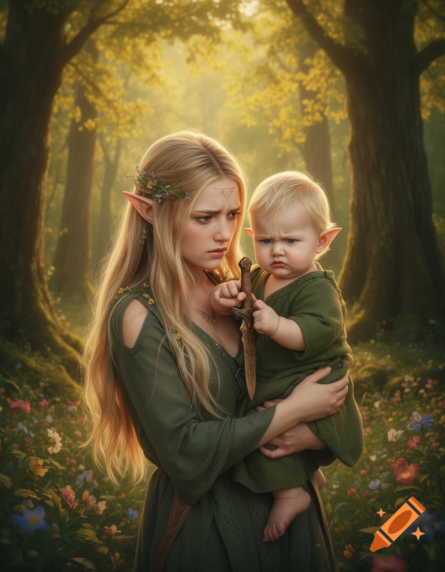 An elf mother with long blonde hair and pointed ears holds a grumpy baby elf holding a small dagger in an enchanted forest.
