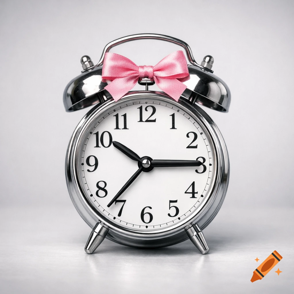 A photorealistic close-up of a shiny silver analog alarm clock with a pink gift bow on top, against a light gray background.