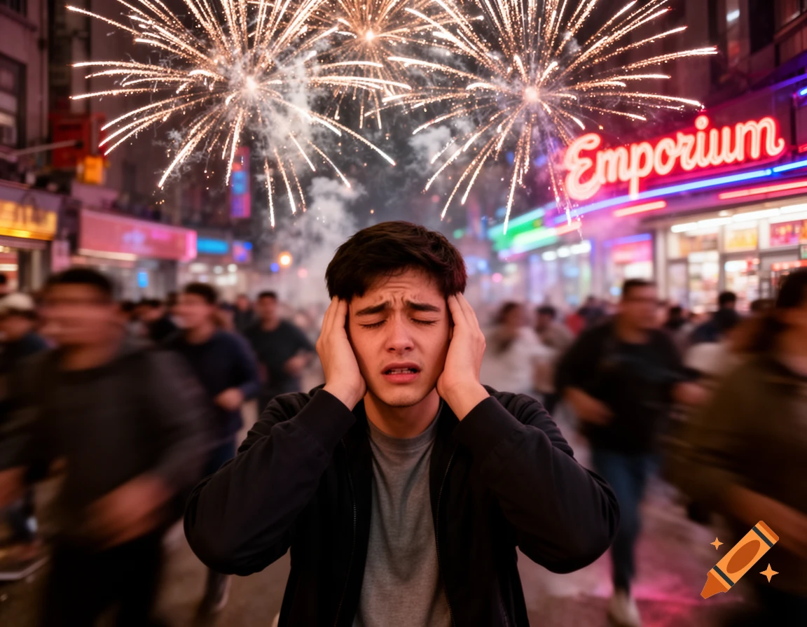 A young man covers his ears in distress amidst fireworks and a blurred crowd on a city street at night.