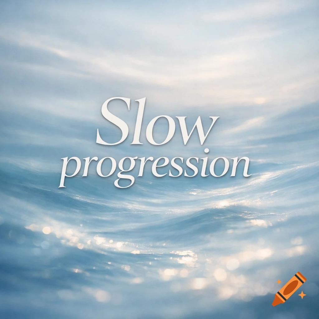 White text "Slow progression" over a serene image of gentle blue ocean waves with sparkling sunlight.