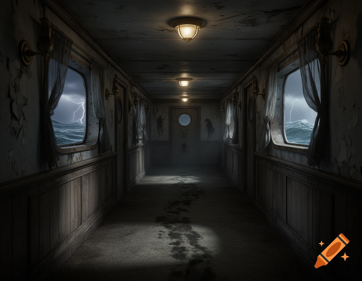 A dark, eerie ship hallway with peeling paint and wood paneling. Lightning illuminates stormy seas through windows; muddy footprints lead down the path.