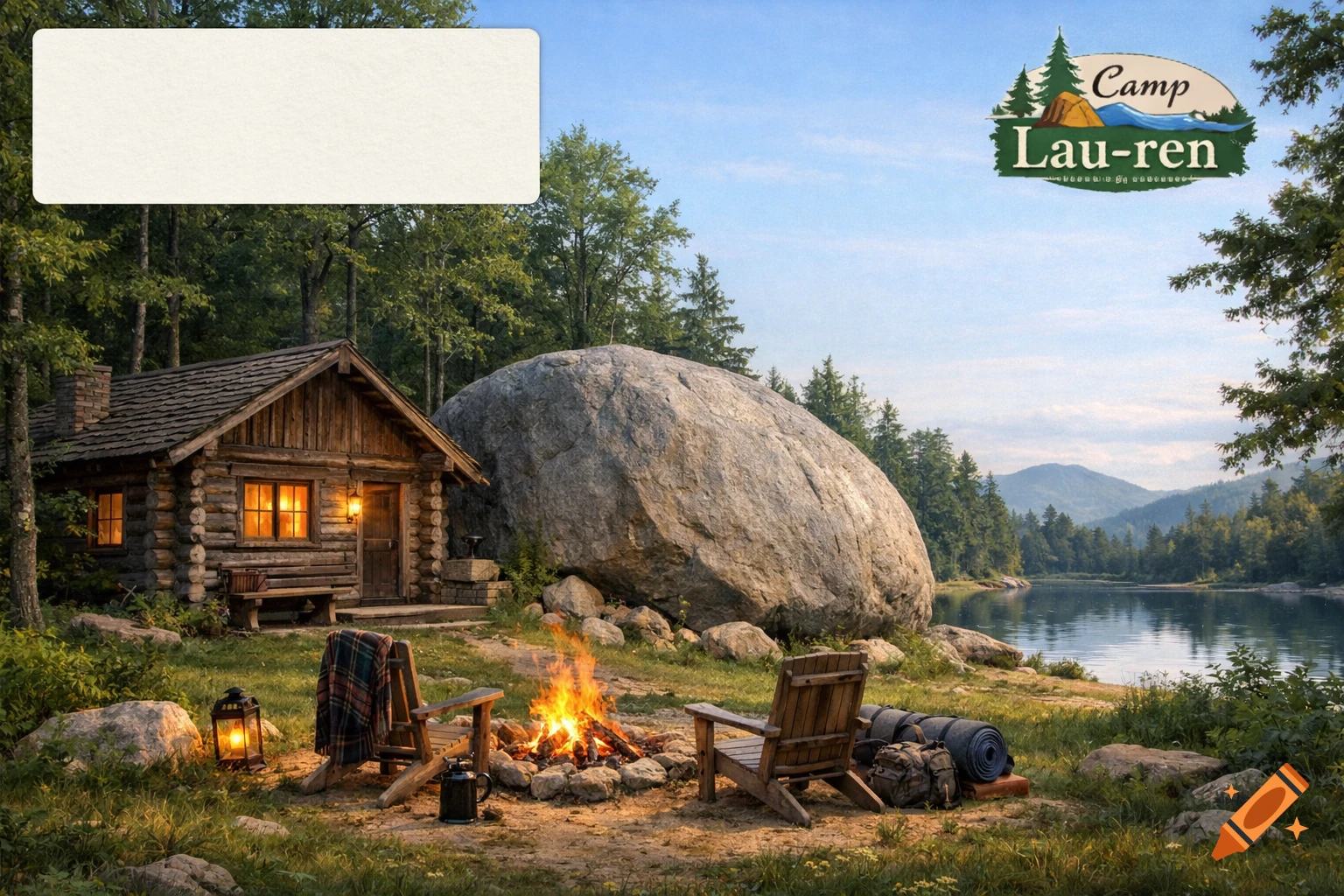 A rustic log cabin next to a large boulder, with a campfire burning in front of two wooden chairs. A lake and mountains are in the background under a blue sky.