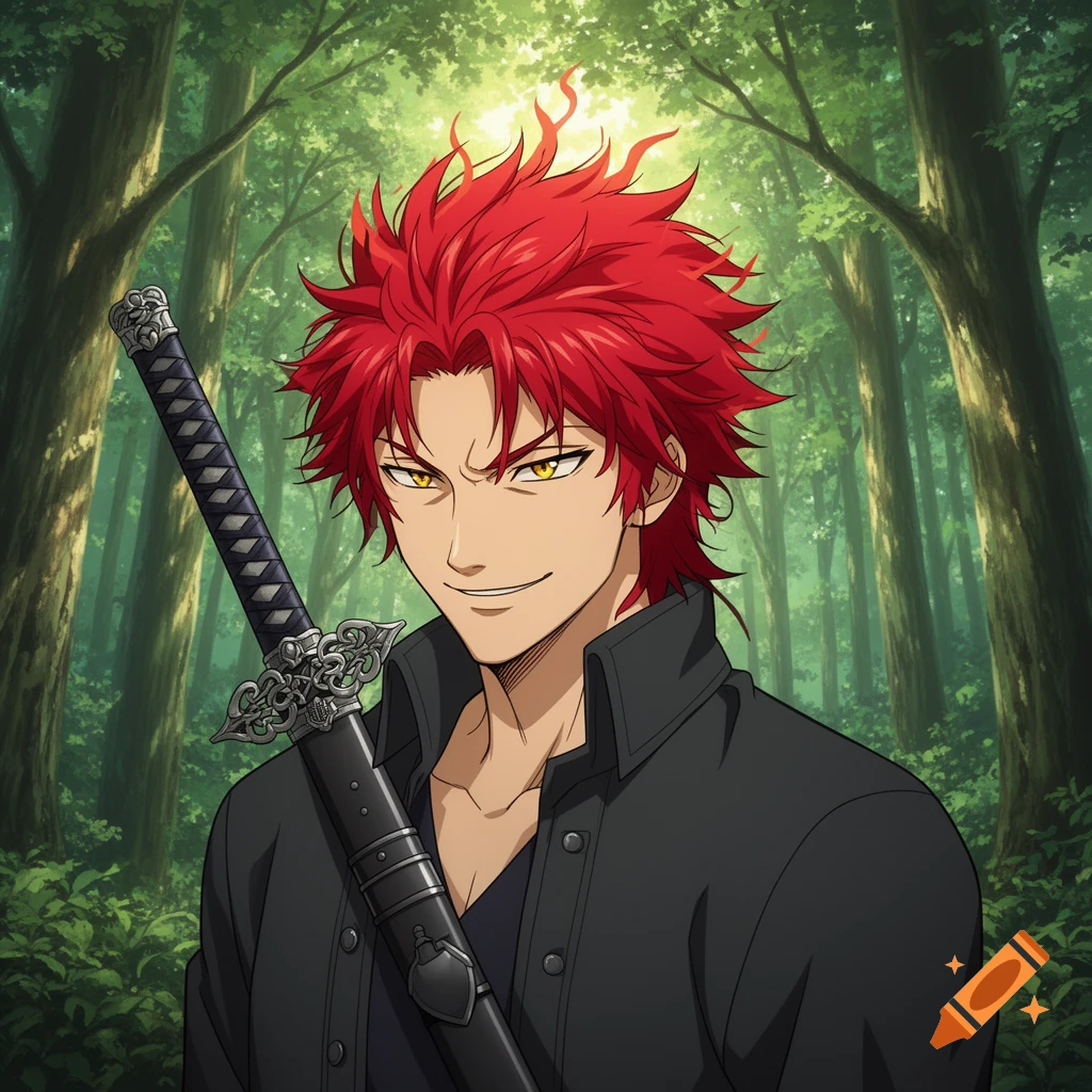 Anime style adult male with spiky red hair and yellow eyes, smirking, carrying a sword in a scabbard, standing in a forest.