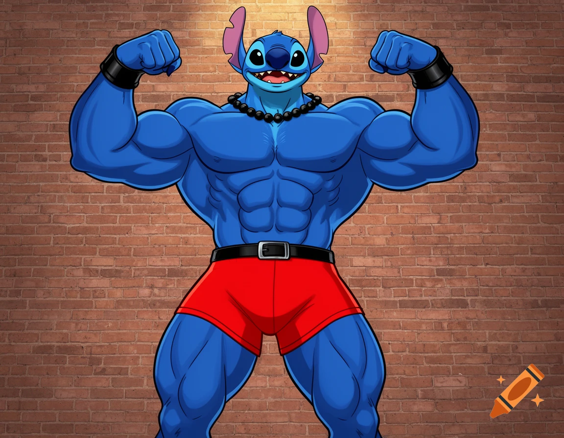 A super muscular, anthropomorphic Stitch in red boxer shorts, flexing against a brick wall in a hand-drawn animation style.