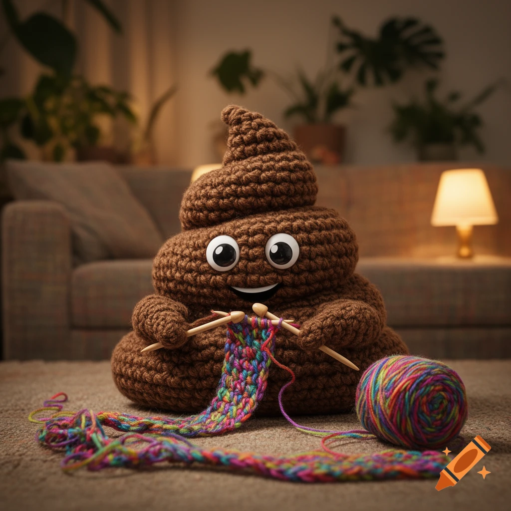 A cute, crocheted poop emoji character with googly eyes knitting a rainbow-colored scarf in a cozy living room.