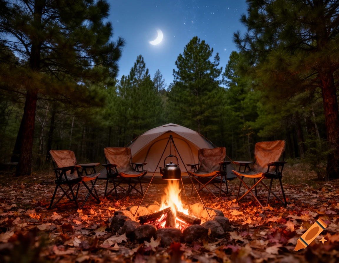 A photorealistic night camping scene with a roaring campfire, a tent, and four chairs under a starry sky and crescent moon.