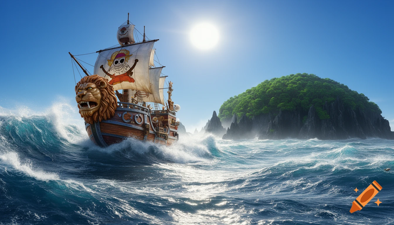 A detailed, photorealistic depiction of the Thousand Sunny ship with a lion figurehead sailing through rough blue seas towards a green island under a bright sun.
