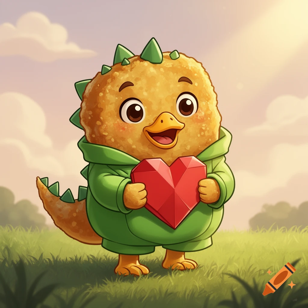 A cute cartoon chicken nugget in a green dinosaur costume stands in a field, holding a faceted red heart.