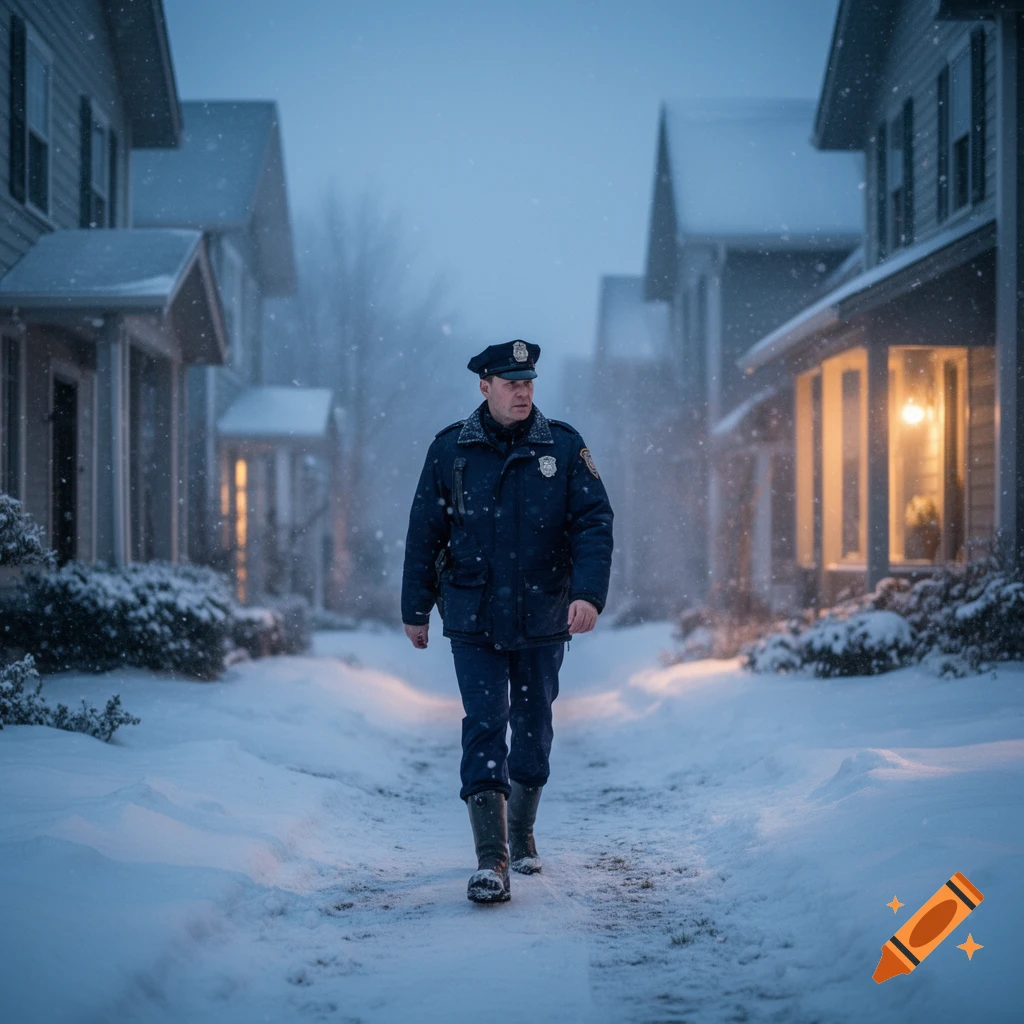 A photorealistic image of a police officer walking down a snow-covered residential street during a snowfall at dusk.