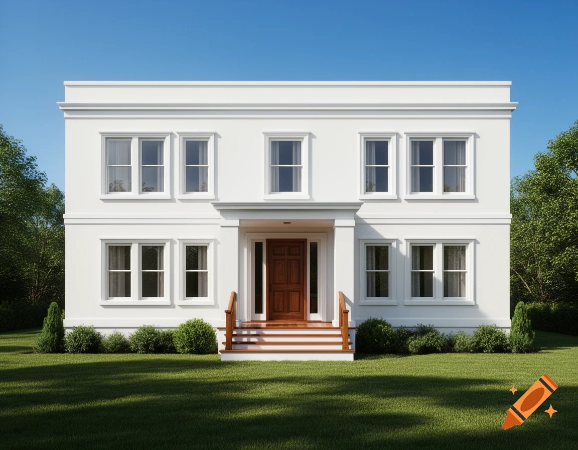 A photorealistic white rectangular two-story house with a brown front door, green lawn, and trees under a blue sky.