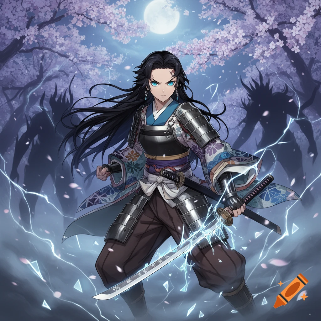 An anime warrior with dark hair and glowing blue eyes, in samurai armor ...