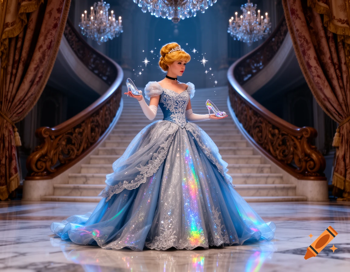 Cinderella in a sparkling blue gown and tiara, holding glass slippers in a grand ballroom with a sweeping staircase.