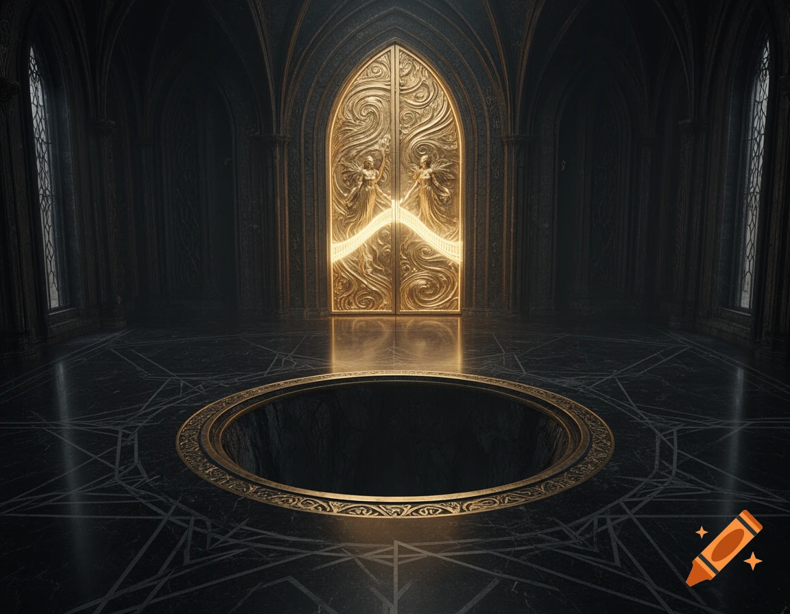 A grand, dark gothic hall with a glowing golden ornate door and a circular pit in the floor etched with geometric patterns.