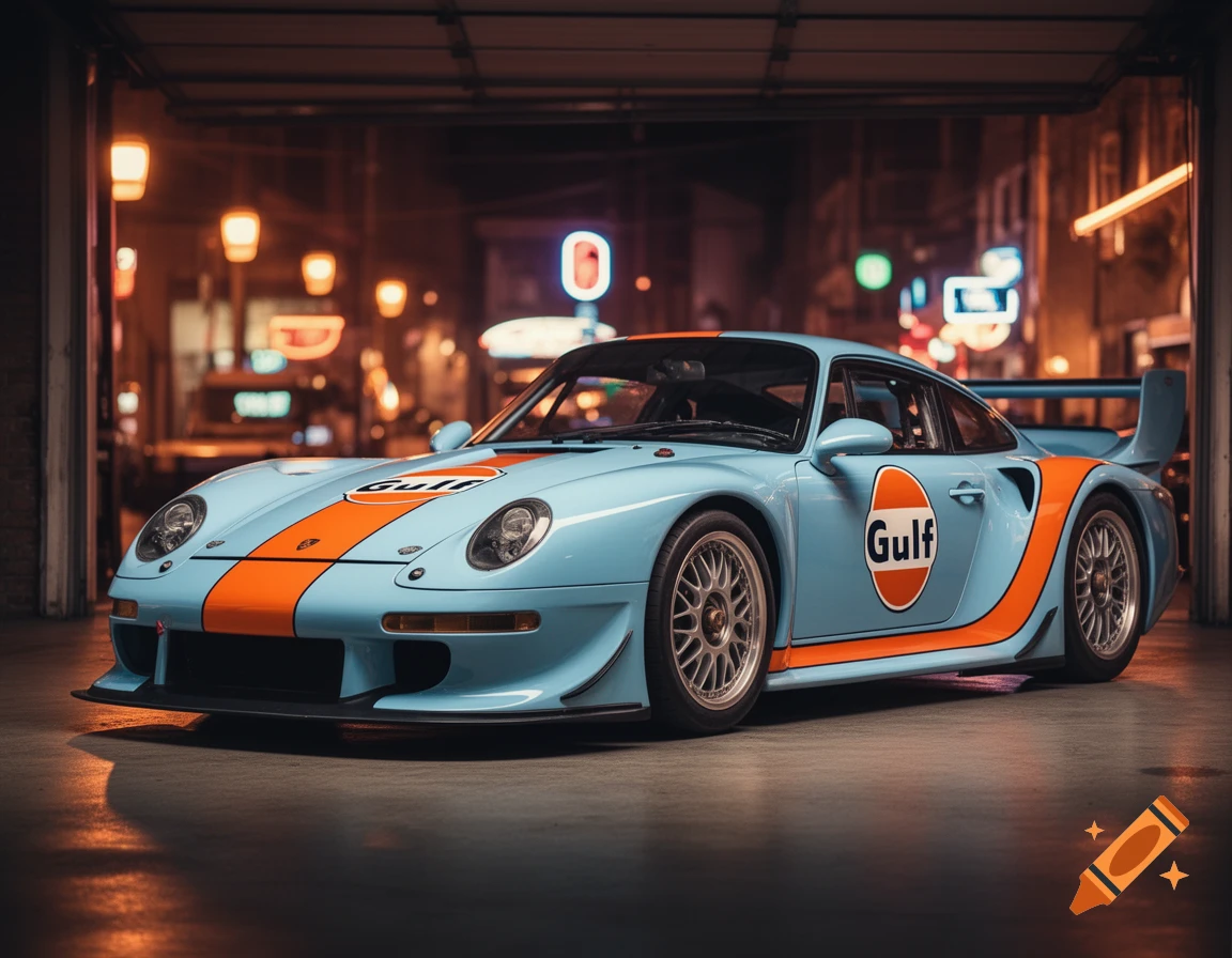 A light blue Porsche 911 GT1 Evo with orange stripes and 'Gulf' livery, parked in a dark garage with glowing lights.