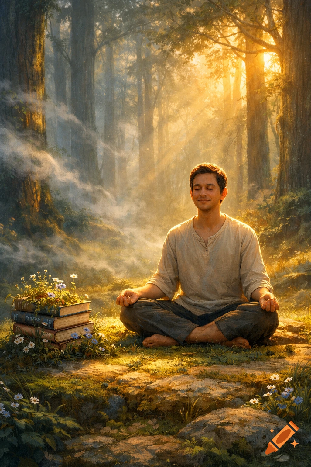 A man meditates cross-legged in a sunlit, misty forest, surrounded by tall trees, wildflowers, and a stack of books.