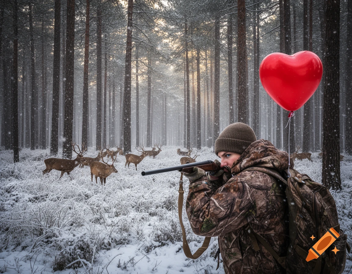 A hunter in camouflage aims a rifle at deer in a snowy forest, with a red heart balloon floating nearby.
