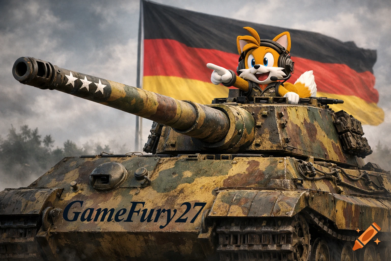 Tails in a tank commander uniform smiles from a camouflage tank with 'GameFury27' and stars, against a German flag.