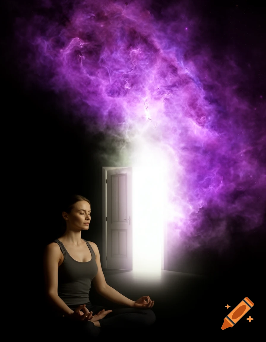 Woman meditating in lotus position in a dark room. Bright light from an open door behind her transforms into a vibrant purple cosmic nebula.