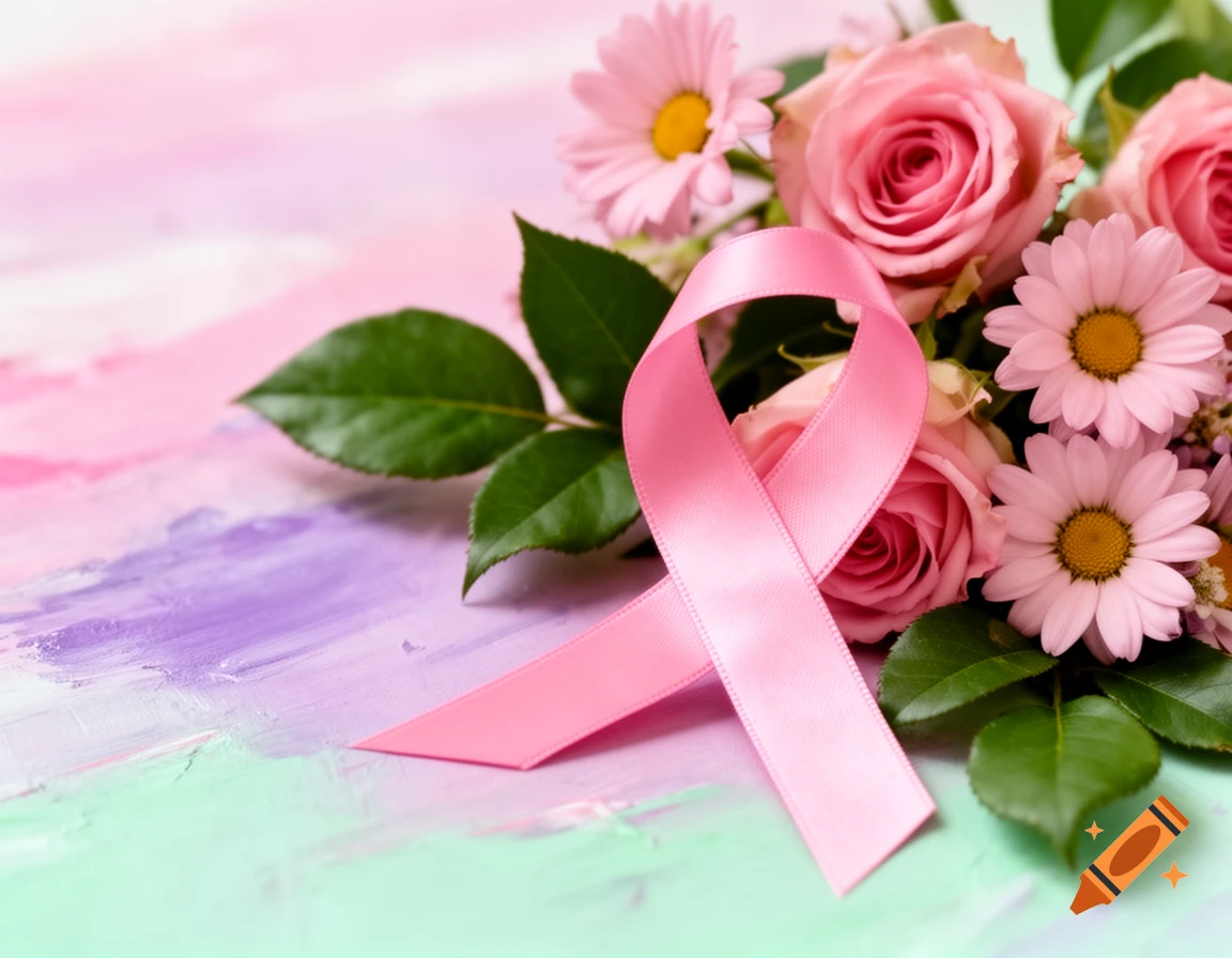 Pink awareness ribbon, roses, and daisies on a pastel background.