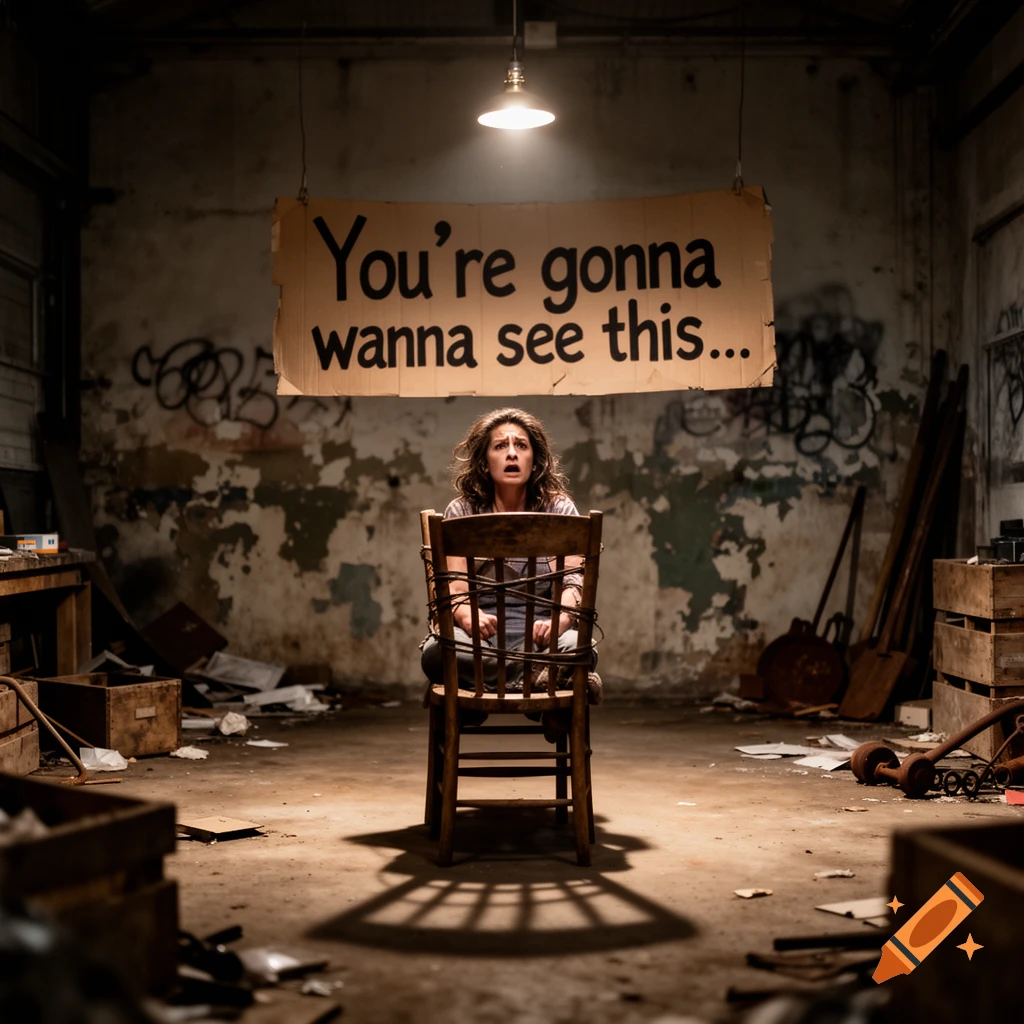 A distressed woman is tied to a wooden chair in a dark, grimy room under a sign reading 'You're gonna wanna see this...'.
