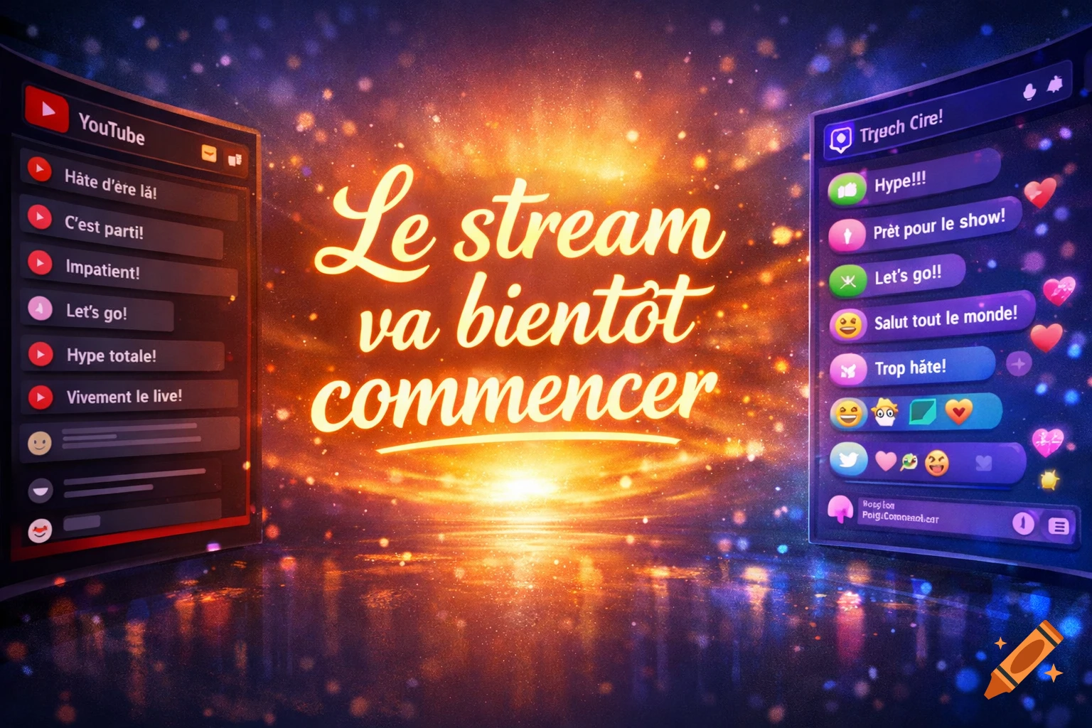 Glowing screen announcing 'Le stream va bientôt commencer' flanked by YouTube and Twitch chat windows, on a sparkly background.