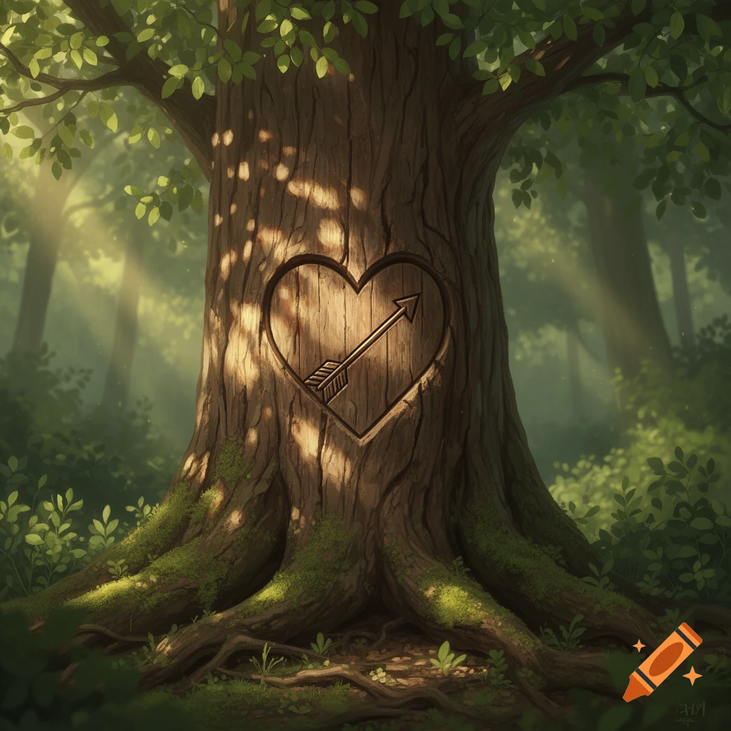 A large tree with a heart and arrow carved into its trunk stands in a sunlit forest, artistic.