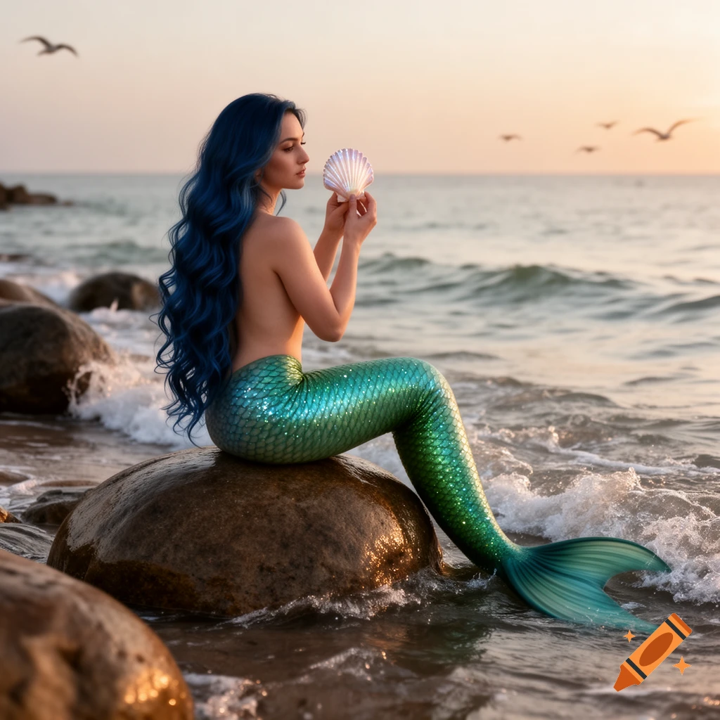Photorealistic mermaid with blue hair sits on a rock at sunset, holding a seashell by the ocean.