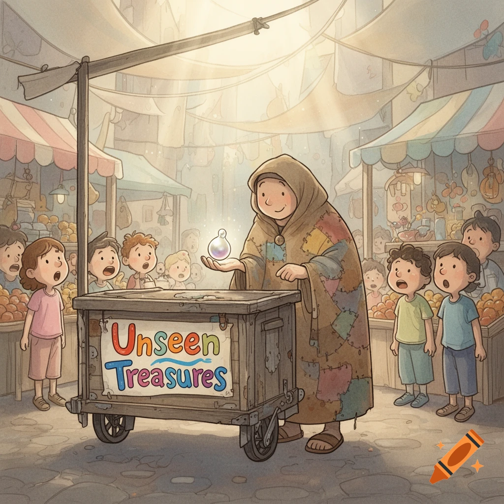 A cartoon merchant in a patchwork robe holds a glowing orb at a market stall with a 'Unseen Treasures' sign, surrounded by curious children.