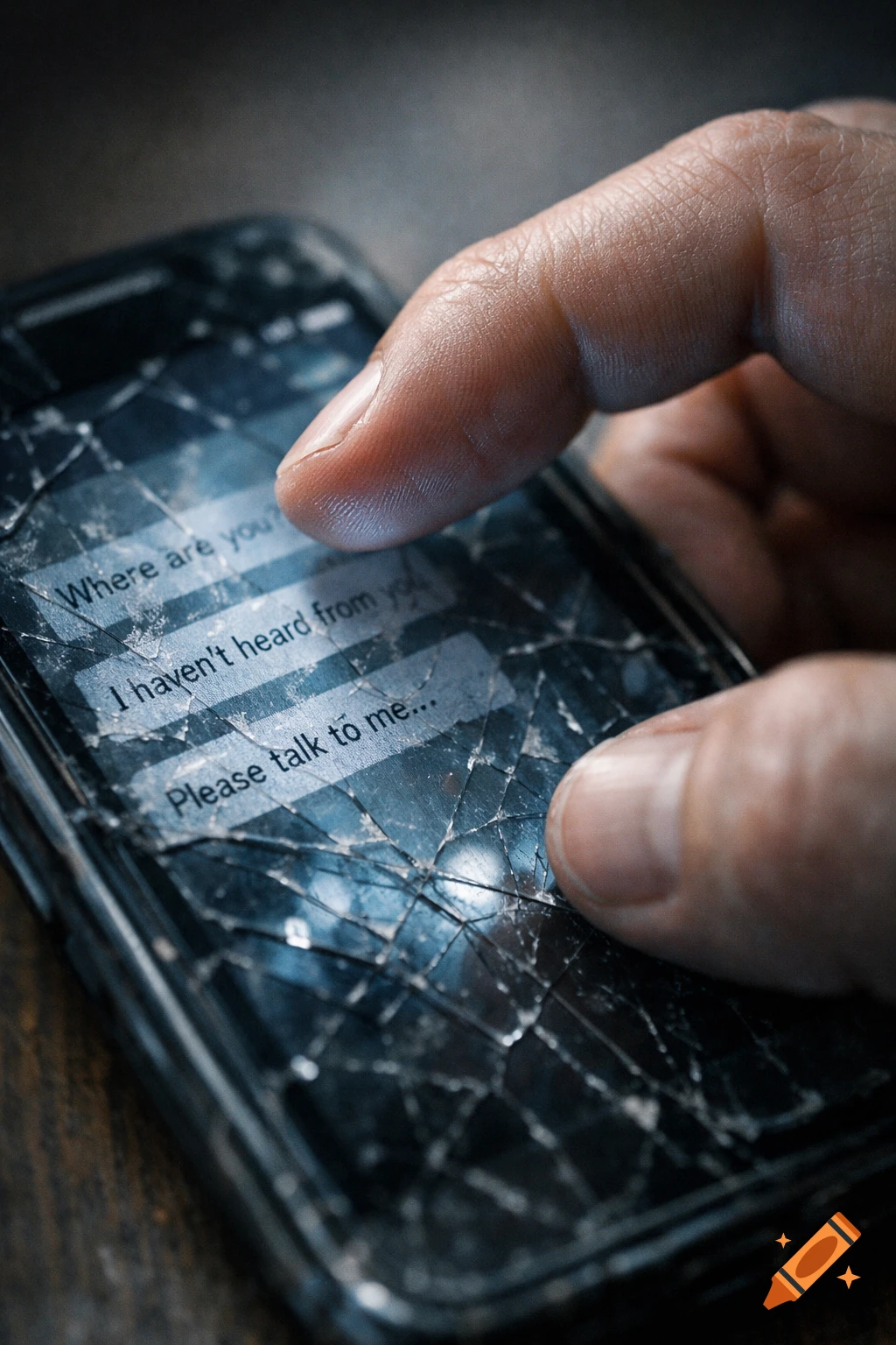 Close-up of a hand with a thumb hesitating over a cracked smartphone screen showing emotional text messages.